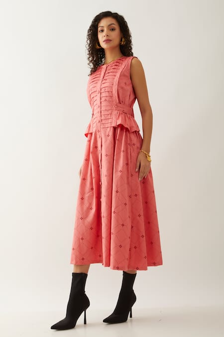 Son Of A Noble Snob Pink Cotton Satin Round Neck Salmon Willow Midi Dress Online at Aza Fashions Son Of A Noble Snob_Pink Cotton Satin Round Neck Salmon Willow Midi Dress _Online_at_Aza_Fashions