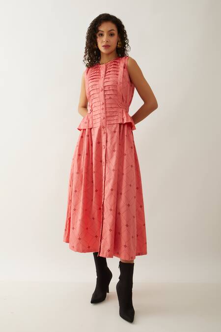 Buy Son Of A Noble Snob Pink Cotton Satin Round Neck Salmon Willow Midi Dress Online at Aza Fashions Buy_Son Of A Noble Snob_Pink Cotton Satin Round Neck Salmon Willow Midi Dress _Online_at_Aza_Fashions