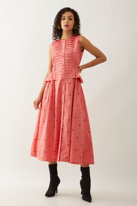 Son Of A Noble Snob Pink Cotton Satin Round Neck Salmon Willow Midi Dress