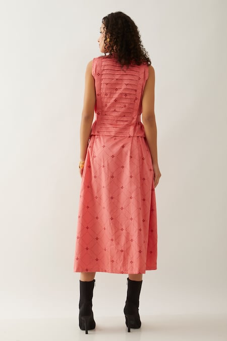 Shop Son Of A Noble Snob Pink Cotton Satin Round Neck Salmon Willow Midi Dress at Aza Fashions Shop_Son Of A Noble Snob_Pink Cotton Satin Round Neck Salmon Willow Midi Dress _at_Aza_Fashions