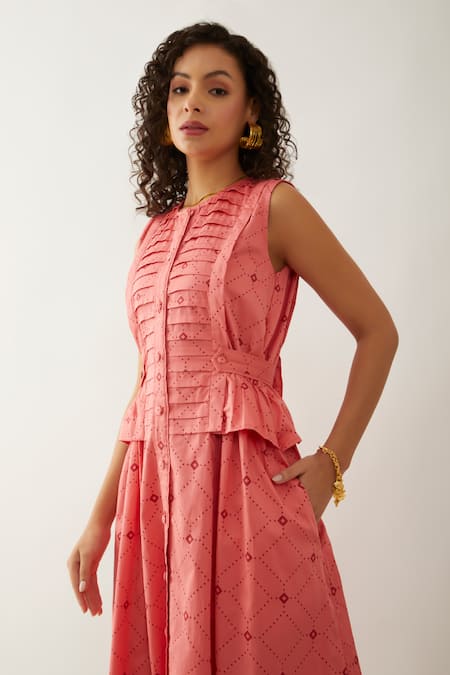 Shop Son Of A Noble Snob Pink Cotton Satin Round Neck Salmon Willow Midi Dress Online at Aza Fashions Shop_Son Of A Noble Snob_Pink Cotton Satin Round Neck Salmon Willow Midi Dress _Online_at_Aza_Fashions