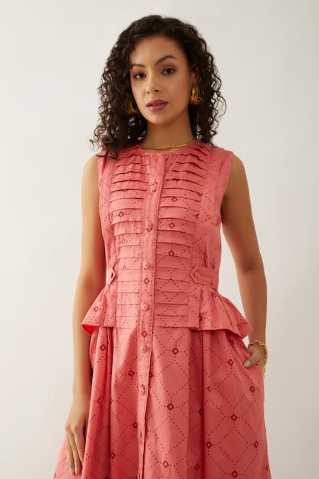 Son Of A Noble Snob Pink Cotton Satin Round Neck Salmon Willow Midi Dress at Aza Fashions Son Of A Noble Snob_Pink Cotton Satin Round Neck Salmon Willow Midi Dress _at_Aza_Fashions