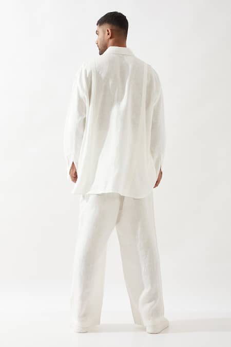 Shop Son Of A Noble Snob White Linen Anti Fit Shirt And Trouser Set at Aza Fashions Shop_Son Of A Noble Snob_White Linen Anti Fit Shirt And Trouser Set _at_Aza_Fashions