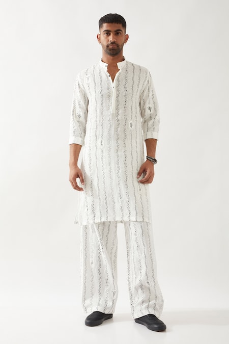 Son of A Noble Snob White Linen Printed Slim Fit Kurta Set 