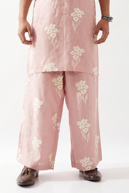 Son Of A Noble Snob_Pink Linen Embroidery Printed Slim Fit Kurta Set _Online_at_Aza_Fashions