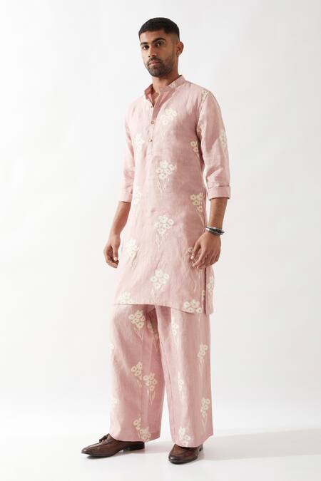 Buy_Son Of A Noble Snob_Pink Linen Embroidery Printed Slim Fit Kurta Set _Online_at_Aza_Fashions