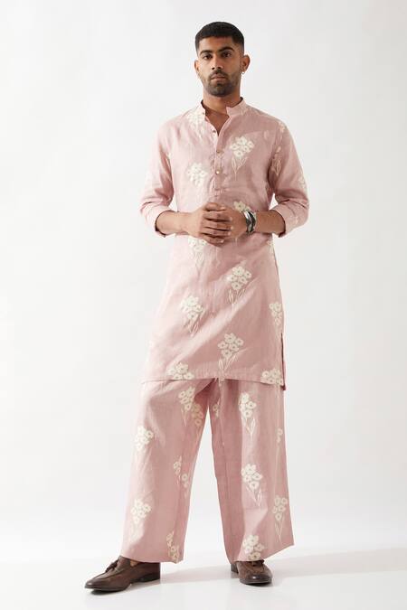 Shop_Son Of A Noble Snob_Pink Linen Embroidery Printed Slim Fit Kurta Set _Online_at_Aza_Fashions