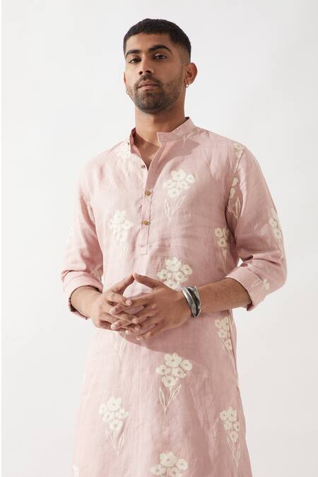 Buy_Son Of A Noble Snob_Pink Linen Embroidery Printed Slim Fit Kurta Set 