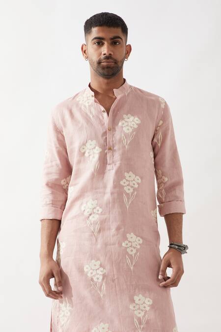 Shop_Son Of A Noble Snob_Pink Linen Embroidery Printed Slim Fit Kurta Set 