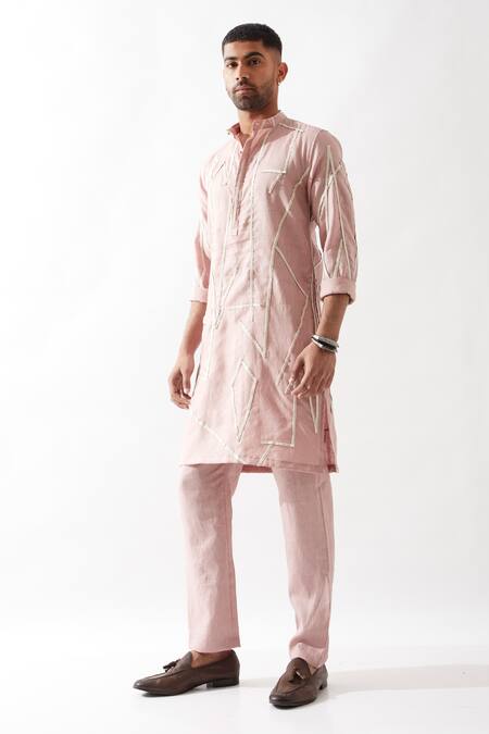 Buy_Son Of A Noble Snob_Pink Linen Applique Kurta Set _Online_at_Aza_Fashions
