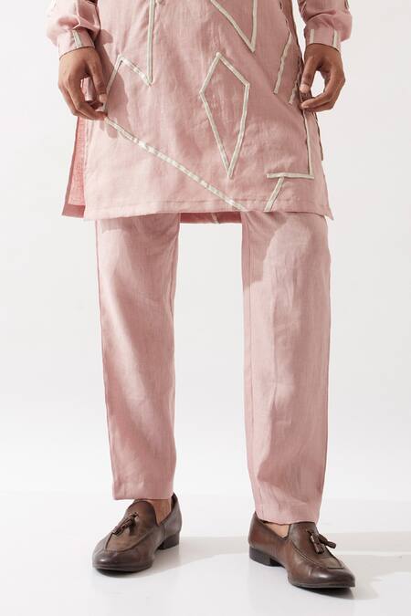 Son Of A Noble Snob_Pink Linen Applique Kurta Set _at_Aza_Fashions
