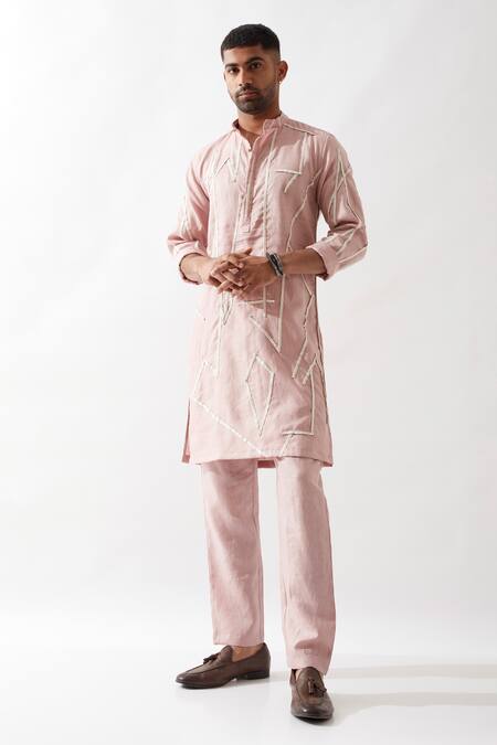 Shop_Son Of A Noble Snob_Pink Linen Applique Kurta Set 