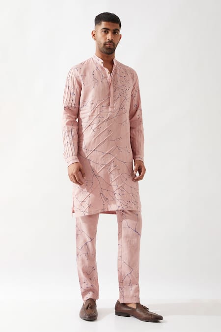 Son Of A Noble Snob_Pink Linen Embroidery Pintuck Printed Kurta Set _Online_at_Aza_Fashions