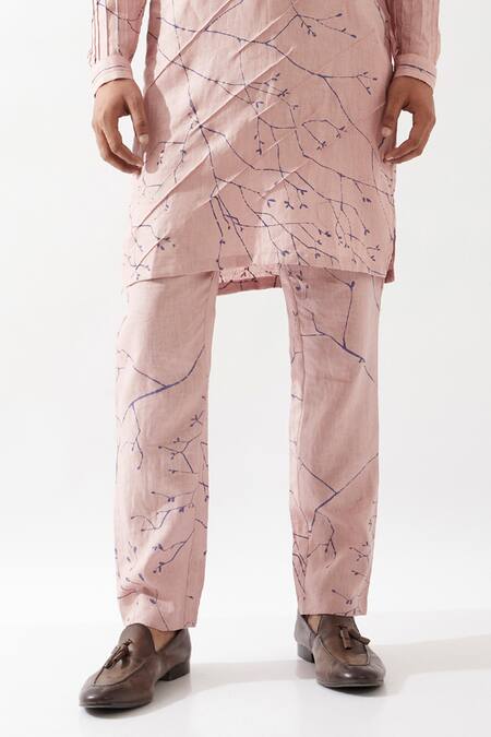 Shop_Son Of A Noble Snob_Pink Linen Embroidery Pintuck Printed Kurta Set _Online_at_Aza_Fashions