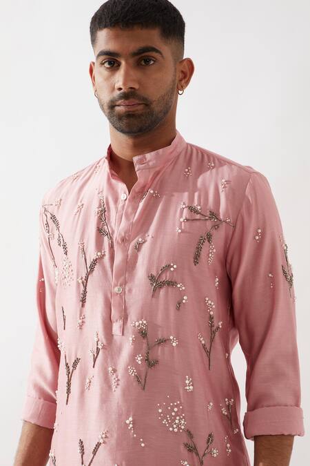 Son Of A Noble Snob_Pink Silk, Beads, Cut Work Hand Embroidered Kurta Set _Online_at_Aza_Fashions