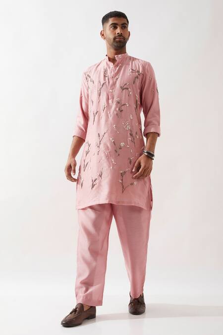 Buy_Son Of A Noble Snob_Pink Silk, Beads, Cut Work Hand Embroidered Kurta Set _Online_at_Aza_Fashions