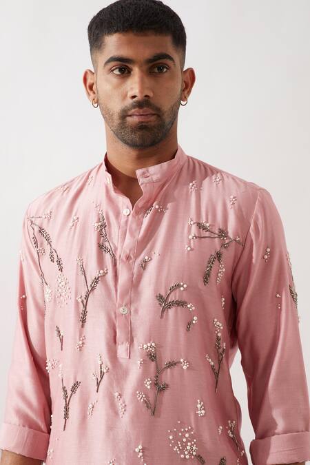 Shop_Son Of A Noble Snob_Pink Silk, Beads, Cut Work Hand Embroidered Kurta Set _Online_at_Aza_Fashions