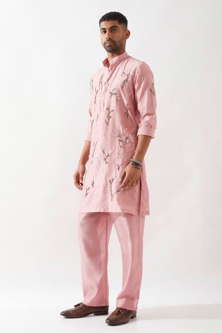 Son Of A Noble Snob_Pink Silk, Beads, Cut Work Hand Embroidered Kurta Set _at_Aza_Fashions