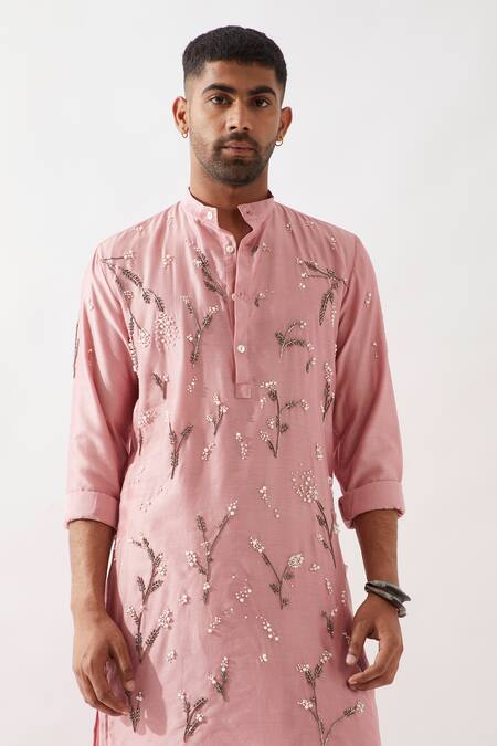 Shop_Son Of A Noble Snob_Pink Silk, Beads, Cut Work Hand Embroidered Kurta Set 
