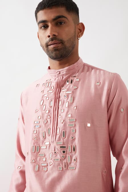 Buy_Son Of A Noble Snob_Pink Chanderi Silk Mirrors Hand Embroidered Kurta Set _Online_at_Aza_Fashions