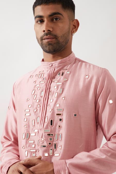 Shop_Son Of A Noble Snob_Pink Chanderi Silk Mirrors Hand Embroidered Kurta Set _Online_at_Aza_Fashions