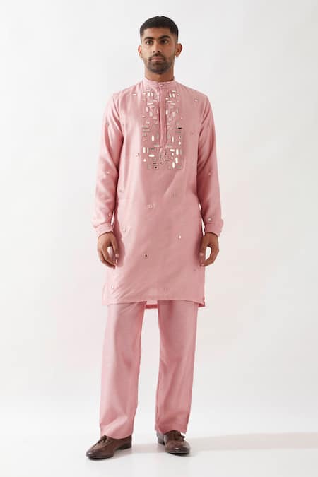 Son of A Noble Snob Pink Chanderi Silk Mirrors Hand Embroidered Kurta Set 