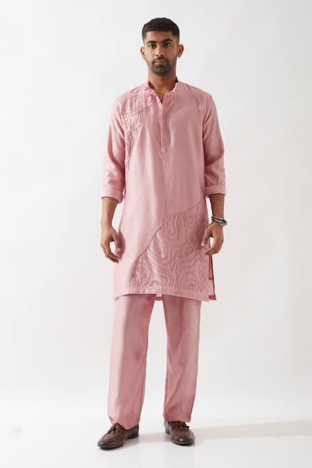Son Of A Noble Snob_Pink Chanderi Silk Beads Hand Embroidered Kurta Set _Online_at_Aza_Fashions