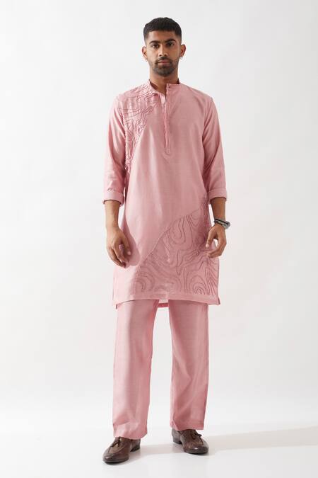 Shop_Son Of A Noble Snob_Pink Chanderi Silk Beads Hand Embroidered Kurta Set _Online_at_Aza_Fashions