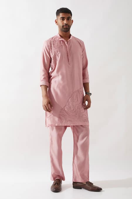Son of A Noble Snob Pink Chanderi Silk Beads Hand Embroidered Kurta Set 