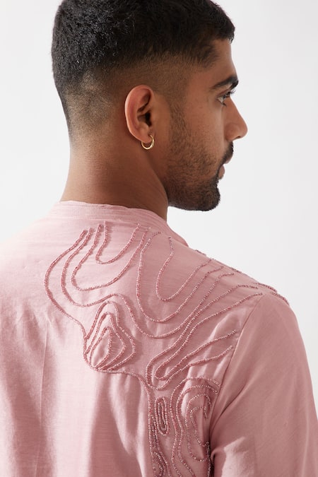 Son Of A Noble Snob_Pink Chanderi Silk Beads Hand Embroidered Kurta Set _at_Aza_Fashions