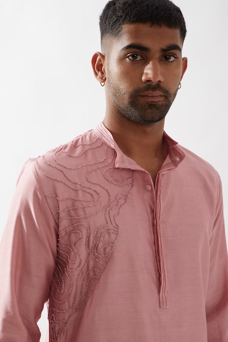 Buy_Son Of A Noble Snob_Pink Chanderi Silk Beads Hand Embroidered Kurta Set 