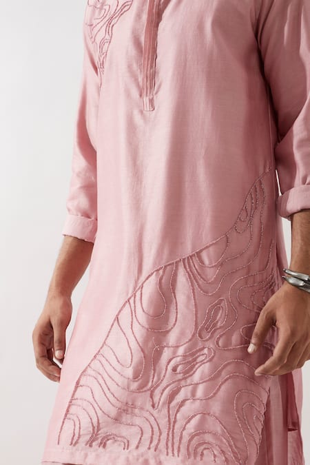 Shop_Son Of A Noble Snob_Pink Chanderi Silk Beads Hand Embroidered Kurta Set 