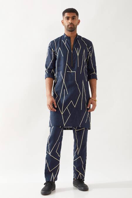 Son Of A Noble Snob_Navy Linen Printed Slim Fit Kurta Set _Online_at_Aza_Fashions