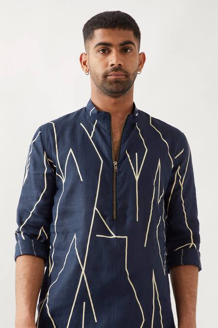Shop_Son Of A Noble Snob_Navy Linen Printed Slim Fit Kurta Set _Online_at_Aza_Fashions