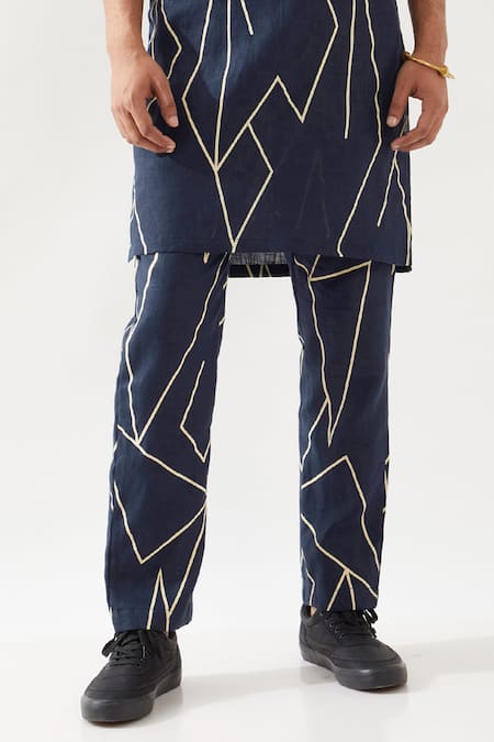 Son Of A Noble Snob_Navy Linen Printed Slim Fit Kurta Set _at_Aza_Fashions