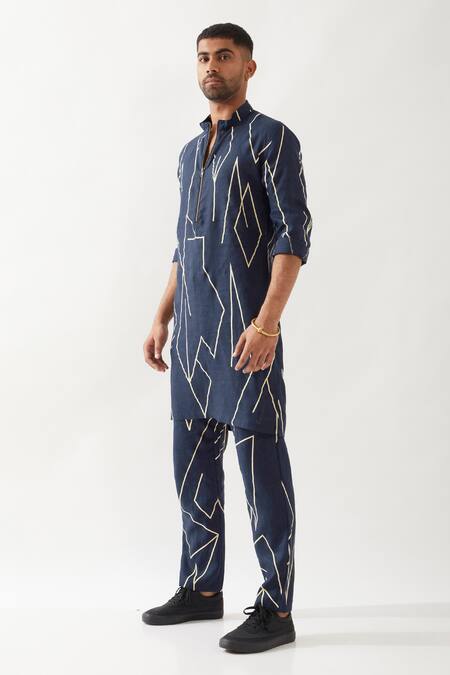 Buy_Son Of A Noble Snob_Navy Linen Printed Slim Fit Kurta Set 