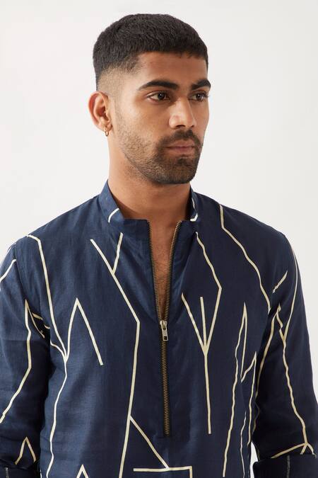 Shop_Son Of A Noble Snob_Navy Linen Printed Slim Fit Kurta Set 