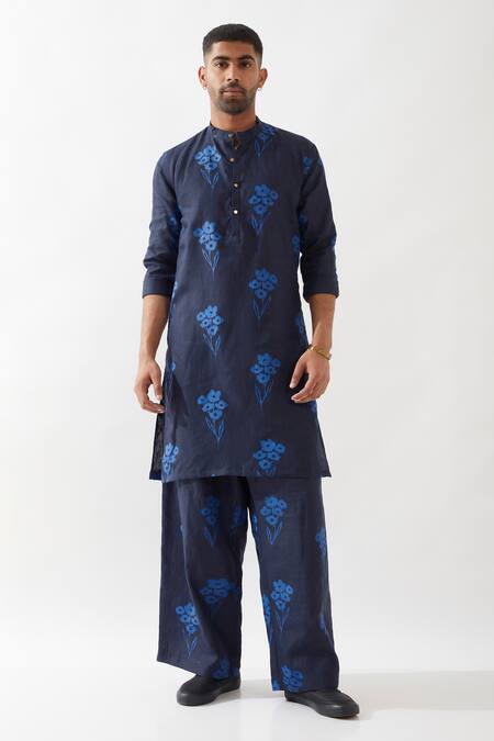 Shop Son Of A Noble Snob Navy Linen Printed Kurta Set Online at Aza Fashions Shop_Son Of A Noble Snob_Navy Linen Printed Kurta Set _Online_at_Aza_Fashions