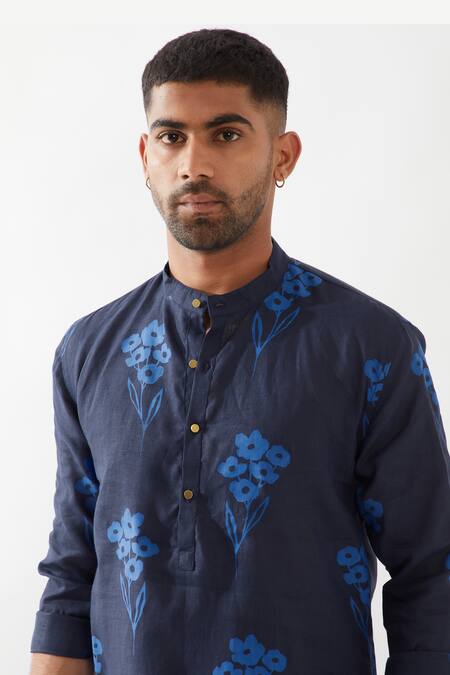 Shop Son Of A Noble Snob Navy Linen Printed Kurta Set Shop_Son Of A Noble Snob_Navy Linen Printed Kurta Set