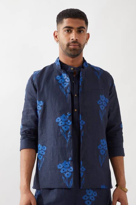 Son Of A Noble Snob Navy Linen Patchwork Floral Print Bundi Kurta Set Online at Aza Fashions Son Of A Noble Snob_Navy Linen Patchwork Floral Print Bundi Kurta Set _Online_at_Aza_Fashions