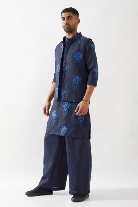 Buy Son Of A Noble Snob Navy Linen Patchwork Floral Print Bundi Kurta Set Online at Aza Fashions Buy_Son Of A Noble Snob_Navy Linen Patchwork Floral Print Bundi Kurta Set _Online_at_Aza_Fashions