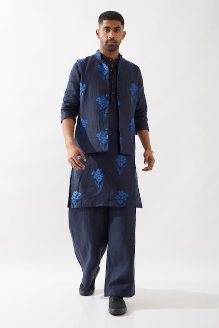 Shop Son Of A Noble Snob Navy Linen Patchwork Floral Print Bundi Kurta Set Online at Aza Fashions Shop_Son Of A Noble Snob_Navy Linen Patchwork Floral Print Bundi Kurta Set _Online_at_Aza_Fashions
