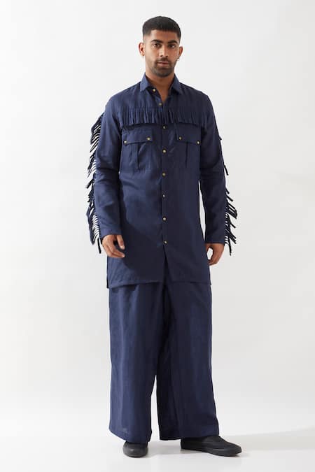 Son of A Noble Snob Navy Linen Fringe Eros Kurta Set 