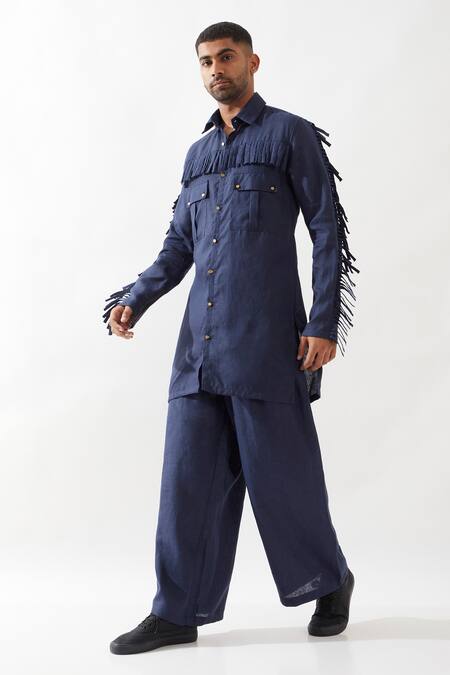 Son Of A Noble Snob Navy Linen Fringe Eros Kurta Set Online at Aza Fashions Son Of A Noble Snob_Navy Linen Fringe Eros Kurta Set _Online_at_Aza_Fashions