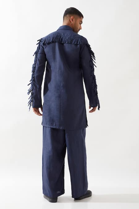 Shop Son Of A Noble Snob Navy Linen Fringe Eros Kurta Set at Aza Fashions Shop_Son Of A Noble Snob_Navy Linen Fringe Eros Kurta Set _at_Aza_Fashions