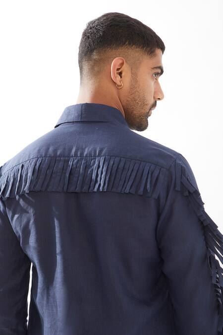Son Of A Noble Snob Navy Linen Fringe Eros Kurta Set at Aza Fashions Son Of A Noble Snob_Navy Linen Fringe Eros Kurta Set _at_Aza_Fashions