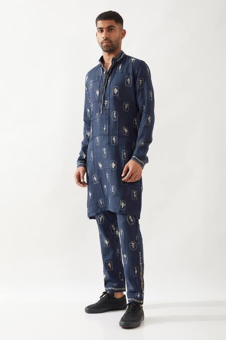 Shop Son Of A Noble Snob Navy Linen Slate Stamp Kurta Set Online at Aza Fashions Shop_Son Of A Noble Snob_Navy Linen Slate Stamp Kurta Set _Online_at_Aza_Fashions