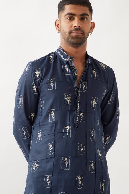 Buy Son Of A Noble Snob Navy Linen Slate Stamp Kurta Set Buy_Son Of A Noble Snob_Navy Linen Slate Stamp Kurta Set