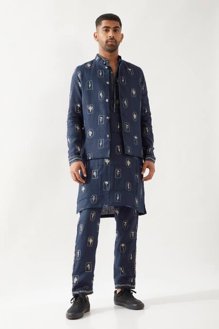 Buy_Son Of A Noble Snob_Navy Linen Madox Stamp Bundi Set _Online_at_Aza_Fashions