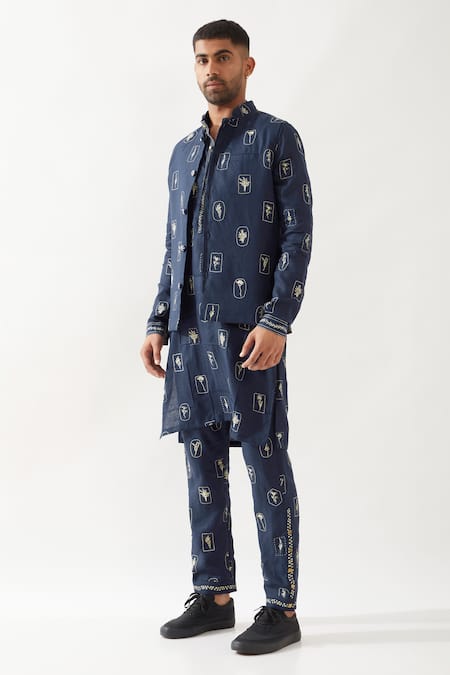 Shop_Son Of A Noble Snob_Navy Linen Madox Stamp Bundi Set _Online_at_Aza_Fashions